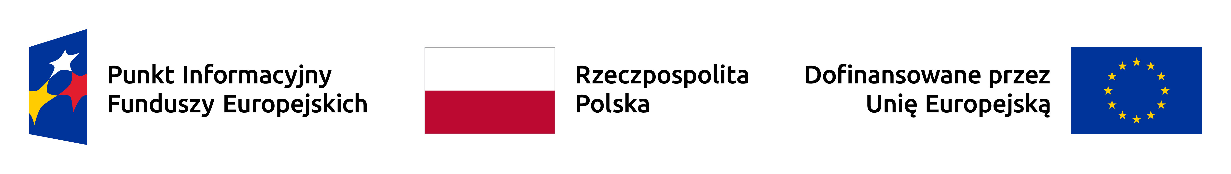 Zestawienie znaków składające się z logotypów Punkt Informacyjny Funduszy Europejskich, Rzeczpospolita Polska oraz Dofinansowane przez Unię Europejską